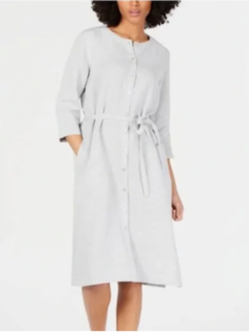 Eileen Fisher Organic Lined Metallic Sparkle Gray Midi Dress Button Up XL